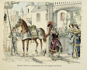 Illustration hämtad från boken "Histoire du chevalier Bayard" av Theodore Cahu, illustrerad av Paul De Semant (1855-1915): Bayard vägrar gåvor från döttrarna till en herre av Brescia 1512 av Paul de Semant
