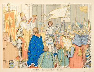 Illustration hämtad från boken "" Joan of Arc "" av Theodore Cahu och illustrerad av Paul De Semant (1855-1915): Sacre of King Charles VII in Reims den 17 juli