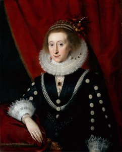 Porträtt av en dam som tros vara Lucy Harington (olja på duk) av Paul van (circle of) Somer