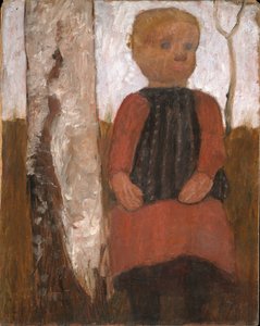 Kind in rotem Kleid am Birkenstamm av Paula Modersohn-Becker