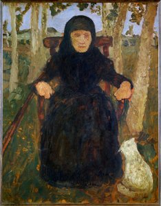 Gammal kvinna, sittande, med katt (målning på duk) av Paula Modersohn-Becker