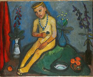 Sittande naken flicka med blommor (olja på duk) av Paula Modersohn-Becker