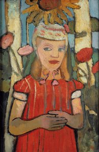 Flicka i röd klänning framför solrosen, 1907. av Paula Modersohn Becker