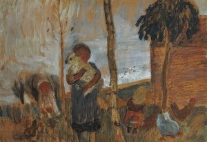 Barn och höns framför landskapet. Omkring 1902 av Paula Modersohn-Becker