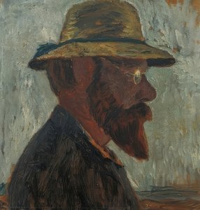 Otto Modersohn med stråhatt i profil till höger. Omkring 1905 av Paula Modersohn Becker