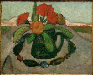 Stilleben med ringblommor framför ett landskap av Paula Modersohn Becker