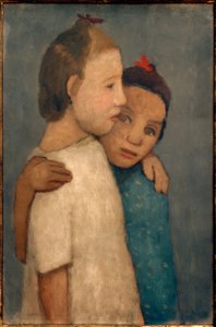 Två tjejer i vita och blå klänningar håller sina axlar av Paula Modersohn Becker