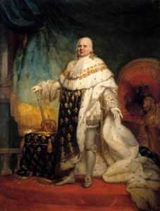 Hellängdsporträtt av Ludvig XVIII (1755-1824) i kostym av korresponderande målning av Jean Baptiste Paulin-Guerin (Paulin Guerin) (1783-1855) 1824 Sön. 2,69 x 2,04 m - Hellängdsporträtt av Ludvig XVIII (1755-1824) i kröningsdräkt. Målning av Paulin Guerin 