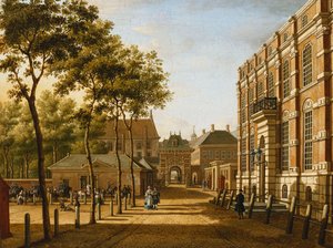 Haag: Mauritspoort och Binnenhof sett över platsen, 1773