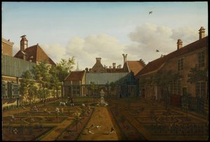 Utsikt över en radhusträdgård i Haag, 1775