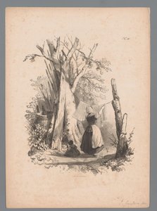 Landskap med en kvinna som hänger upp tvätten Landscape Studies av Paulus Lauters (serietitel) Nouvelle suite de 40 études de paysages par P. Lauters (serietitel) av Paulus Lauters (attributed to)