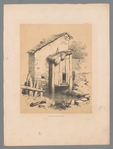 Utsikt över en lada vid vattnet Forêt (titel på objekt) Pittoreska ansikten av Paulus Lauters (serietitel) Etrennes pittoresques pour 1839, par Lauters (serietitel) av Paulus Lauters