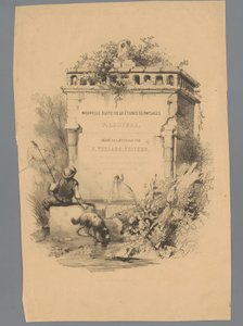 Man med hund som sitter på kanten av en fontän Landscape Studies av Paulus Lauters (serietitel) Nouvelle suite de 40 études de paysages par P. Lauters (serietitel på objekt) av Paulus Lauters