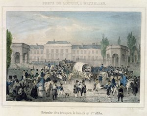 Porte de Louvain, Bryssel: De holländska truppernas reträtt, 27 september 1830, graverad av Dewasme-Pletinckx