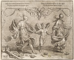 Amor dansar med två allegoriska kvinnor av Paulus Moreelse