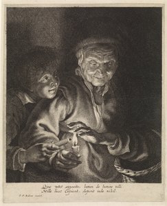 Gammal kvinna och pojke med ljus av Paulus Pontius