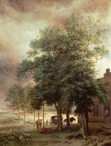 Landskap med vagn eller hus bortom träden av Paulus Potter
