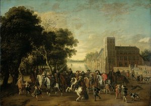 Prins Maurits, åtföljd av prins Frederik Hendrik, Fredrik V av Böhmen och hans hustru Elizabeth Stuart m.fl. på Buitenhof, Haag av Pauwels van Hillegaert