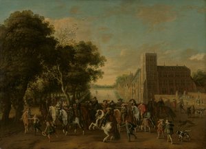 Prins Maurits, åtföljd av prins Frederik Hendrik, Fredrik V av Böhmen och hans hustru Elizabeth Stuart, m.fl., på Buitenhof, Haag