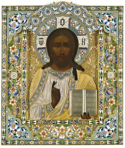 Kristus pantokrator. Vid tillfället av den mirakulösa räddningen under det kejserliga tågets olycka, av Pavel Akimovich Ovchinnikov