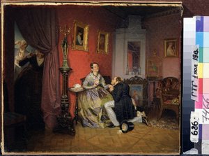 Den komplicerade bruden (Difficult Bride). Scen i en borgerlig interiör med en man på knä framför en kvinna, kanske ber henne att gifta sig med honom. Två tjänare lyssnar på samtalet gömt bakom en gardin. Målning av Pavel Andreyevich
