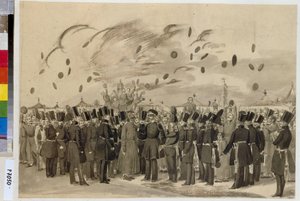 Storhertig Michael Pavlovich (1798-1849) besöker det finska kejserliga garderegementets läger (eller Finliandski garderegementet), den 8 juli 1837. (storhertigen Mikhail Pavlovich besöker det finska livgardets läger den 8 juli av Pavel Andreevich Fedotov