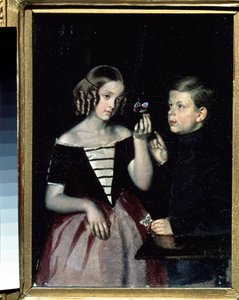 ""Porträtt av de två Gerbin-barnen som överväger en fjäril"" Målning av Pavel Fedotov (1815-1852) Circa 1851 State Russian Museum, Sankt Petersburg