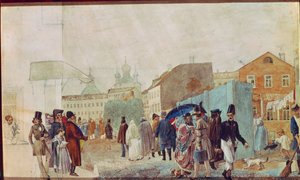 Gatubild i regnet i Moskva. Verk av Pavel Andreyevich Fedotov (1815-1852), akvarell på papper av Pavel Andreevich Fedotov
