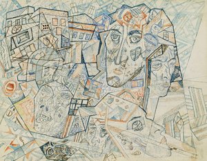 Faces in the City, ca 1925 (akvarell och penna och bläck på papper) av Pawel Nikolajewitsch Filonow