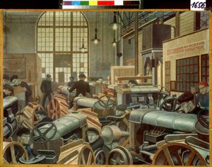 Traktormonteringsverkstaden vid Putilovfabriken (Sankt Petersburg, Ryssland) (Traktormonteringsverkstaden vid Putilovfabriken). Målning av Pavel Nikolayevich Filonov (1883-1941), olja på duk