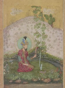 Detalj av Humayun sittande i ett landskap, från Late Shah Jahan Album, c.1650 (wc, bläck och guld på papper)
