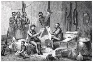 Livingstone och Stanley tar emot tidningar i Centralafrika, 1871-1873 av Pearson