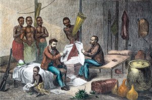 Livingstone och Stanley tar emot tidningar i Centralafrika, 1871-1873 av Pearson