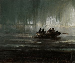 Norrsken över fyra män i roddbåt av Peder Balke