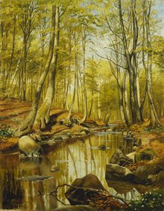 Ett skogsbevuxet flodlandskap av Peder Monsted