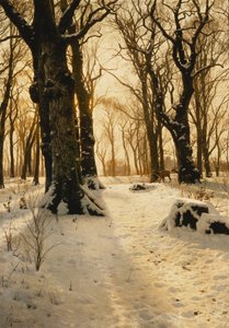 Ett trädbevuxet vinterlandskap med rådjur av Peder Monsted