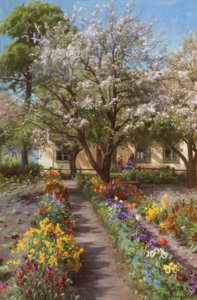P.Mönsted, blommande trädgård på våren