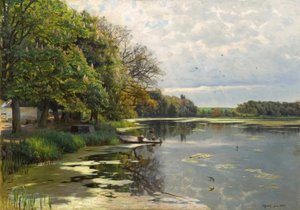 P.Mönsted, solig vårdag vid vattnet av Peder Monsted