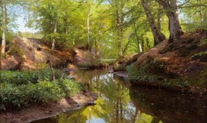P.Mönsted, solig dag vid skogsbäcken av Peder Monsted