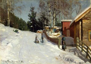 Barn som leker på den snötäckta bygatan av Peder Monsted