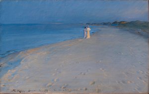 Danska:  Sommarkväll på Skagens södra strand. Anna Ancher och Marie Sommarkväll på Södra stranden, Skagen. Anna Ancher och Marie Krøyer

 (studie) av Peder Severin Krøyer