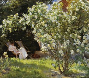 Rosor. Marie Krøyer satt i solstolen i trädgården vid fru Bendsens hus av Peder Severin Krøyer