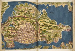 Portugisisk illustration av Goa, från manuskriptet Livro do Estado da India Oriental av Pedro Barreto de Resende, Sloane MS 197