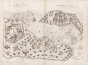 Portugisisk plan över Bahrainöarna, Livro do Estado da India Oriental av Pedro Barreto de Resende, Sloane MS 197, f.165v-166r (penna  bläck på papper)