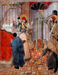 San Sebastian och Saint Polycarp förstör idoler. Prästen Polycarp och Sebastian vid Prefet i Rom (Chromace) som bad dem att varna honom. Sebastien sa åt honom att först ge upp sina idoler och ge honom tillåtelse att slå sönder dem. Målning av Pedro Garcia