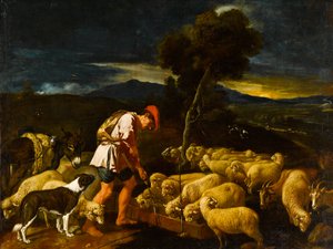 Jacob vattnar Labans får före skalade grenar, c1612-1622
