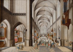 Interiör av en treskeppig gotisk kyrka under en predikan av Peeter Neeffs d.Æ.