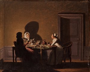 Reading by Candlelight, par Hillestroem, Pehr (1732-1816). Olja på duk, storlek: 41,5x51,5, , Privat samling av Pehr Hilleström