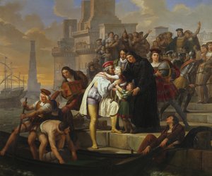 Christopher Columbus omfamnar sina två söner och rekommenderar dem till fader Giovanni Perez innan han lämnar Palos för att upptäcka Amerika