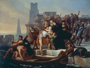 Christopher Columbus lämnar hamnen i Palos de la Frontera och rekommenderar sina söner till fader Giovanni Perez (1492)